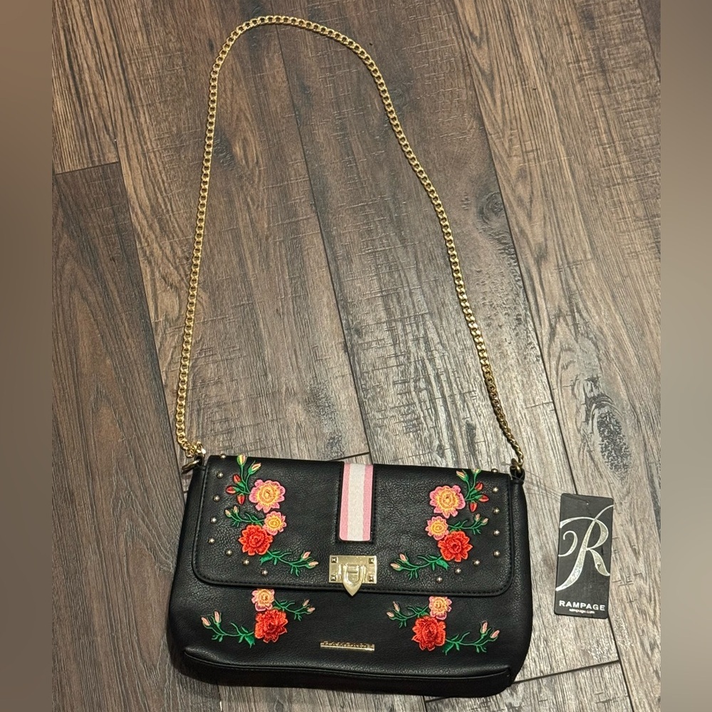 Rampage Black Floral Embroidered Bag with Gold Chain